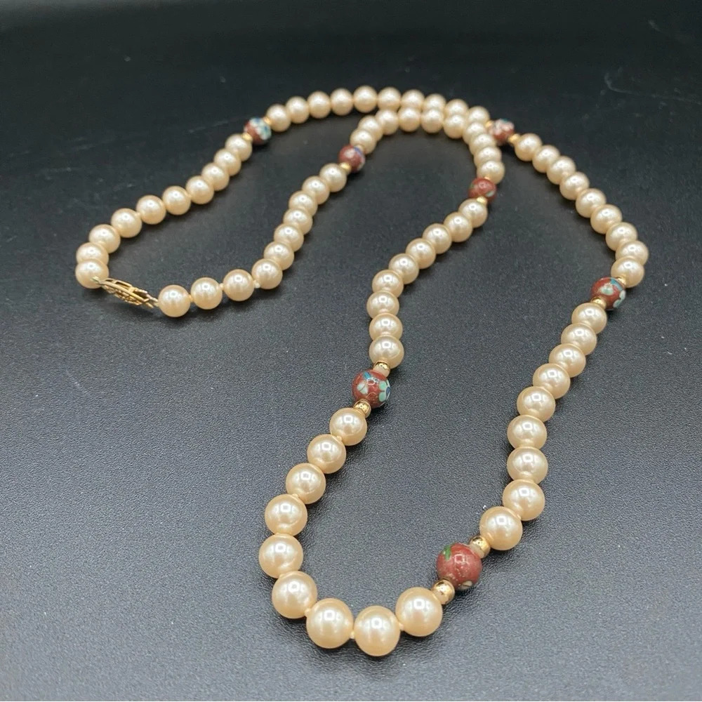 Vintage Cloisonne and Faux Champagne Colored Pearl Beaded Necklace